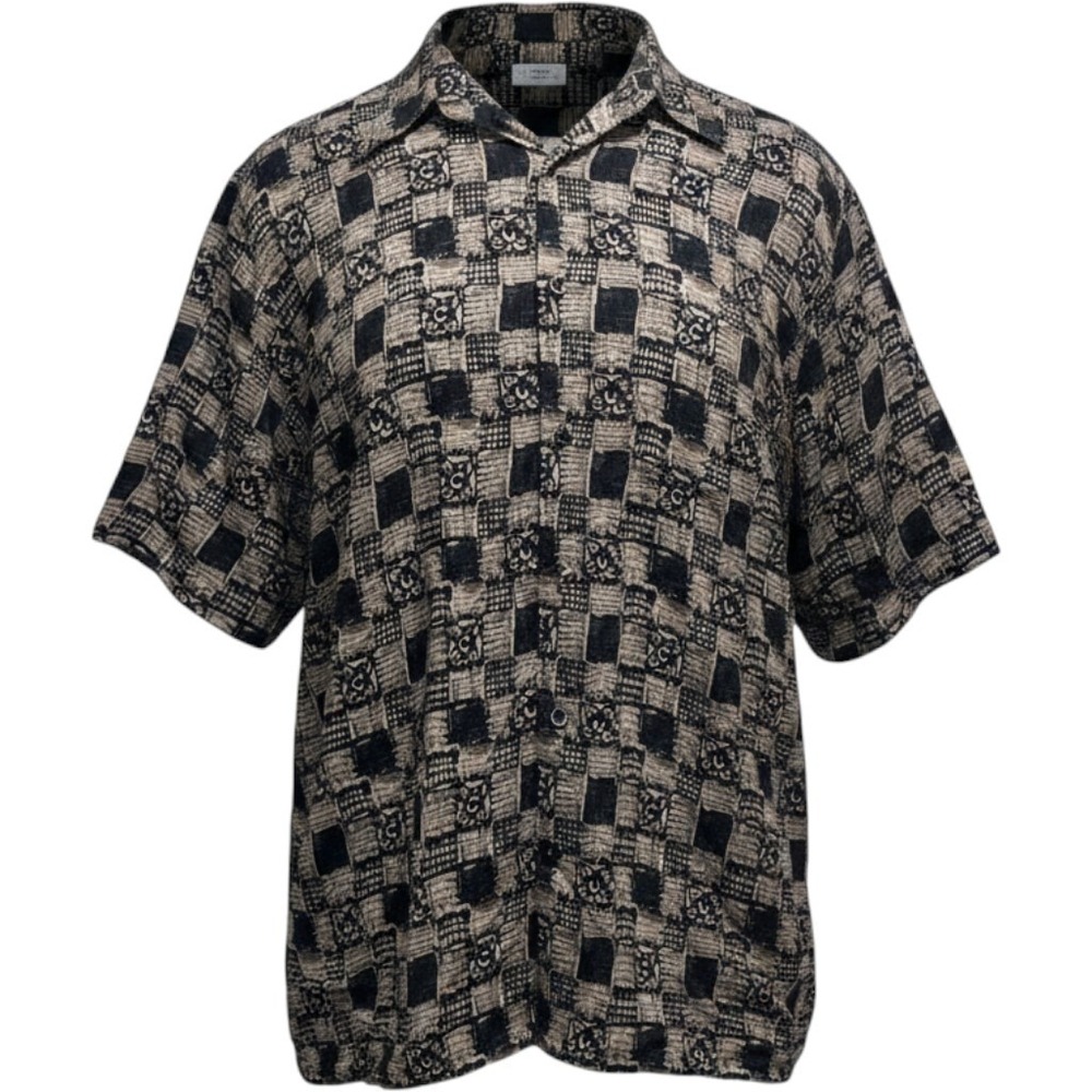 Vintage Natural Issue Men's Medium Black Tan Abstract Print Rayon Shirt 90s